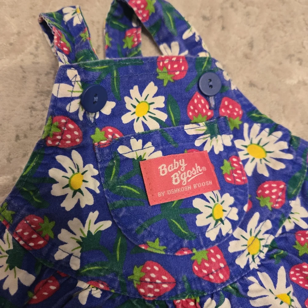 OshKosh B'gosh Vintage 1990s Blue Strawberry Print Floral Onesie Overalls